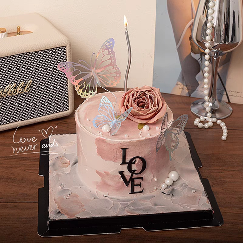 520情人节蛋糕装饰亚克力爱心LOVE插牌蝴蝶结情侣告白爱心插件