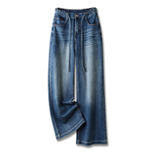 女加肥加大宽松高腰直筒牛仔裤 阿月大码 宽松阔腿裤 松紧腰200斤潮