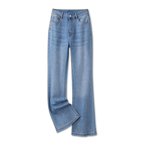 阿月大码浅色微喇裤女2026春夏装新款修身显瘦烫钻牛仔裤女300斤