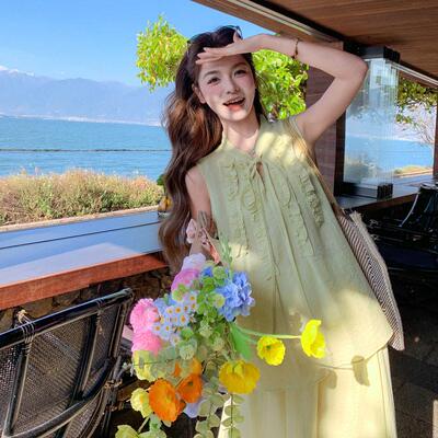 绿色夏季度假风士套装新款木耳边无浪袖上衣半身ZYI2718K黄裙两女