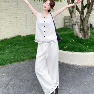 套款装夏季新休穿闲舒AG2623-0适计感前面后背心直筒裤两件套裤