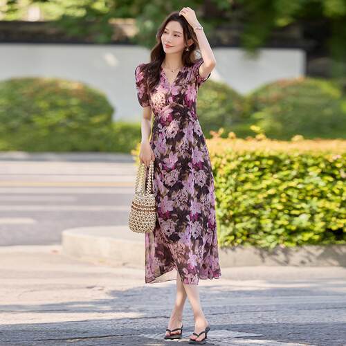 碎花连衣裙女夏季假新款ZQ635-1-腰气质领海裙边度收沙滩长子-