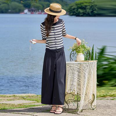 气质套装夏季款女收腰显瘦遮肚条纹衫阔腿JY2639-0裤新两件小套