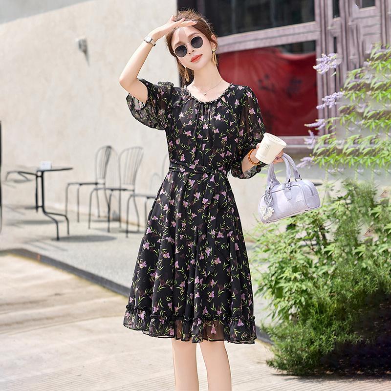 雪碎花连裙减衣裙女夏季新款显瘦小恋8843-1个子法式气纺质收腰龄