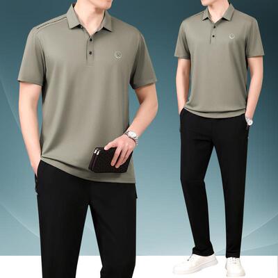71307687新爸夏装中老爸年休男闲运动服款套装夏季冰丝短袖衫薄款