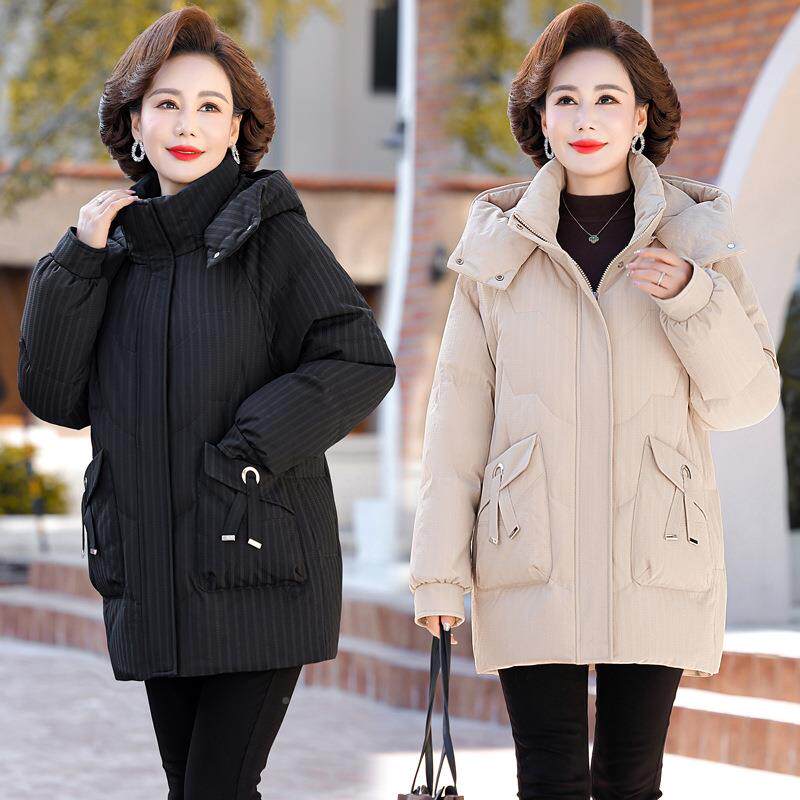 羽绒服妈妈时尚条纹直筒2807遮肉连帽年休中闲老中款长加厚外套