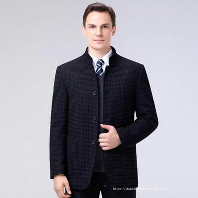 绒秋冬扣季新款羊格子大衣中年士大码立领单男排休闲爸2357-PL爸