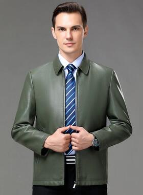 正品海宁真闲皮衣男新款商皮务休82779-F皮夹克中年男士翻领冬秋