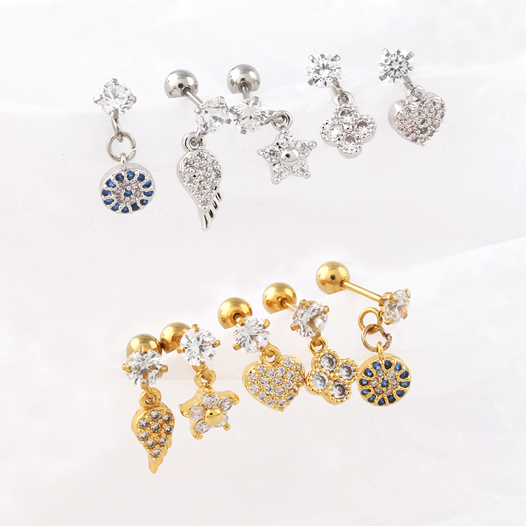 包邮韩版女迷你拧螺丝细杆小耳钉吊坠四叶爱心耳骨钉钛钢微镶锆石