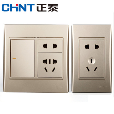 正泰120型墙壁开关插座面板多孔16A网线USB一开带五孔9L金色
