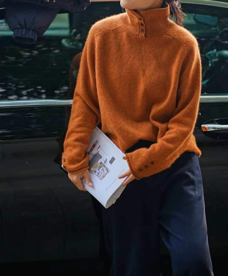 欧洲站2025冬新款高领半扣羊毛衫女宽松休闲打底衫袖子扣子装饰