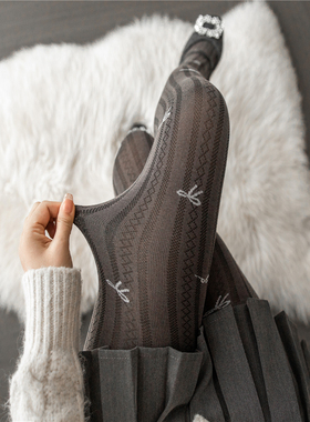 灰色丝袜女蝴蝶结白色连裤袜子秋冬款加厚白丝美拉德咖啡色打底袜