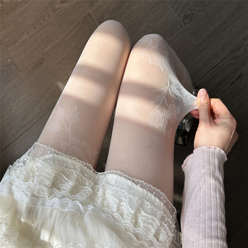 玫瑰花丝袜女纯欲风奶白色连裤袜