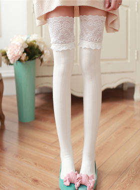 蕾丝花边长筒袜搭配靴袜秋冬JK日系白色过膝拼接大腿高筒堆堆袜子