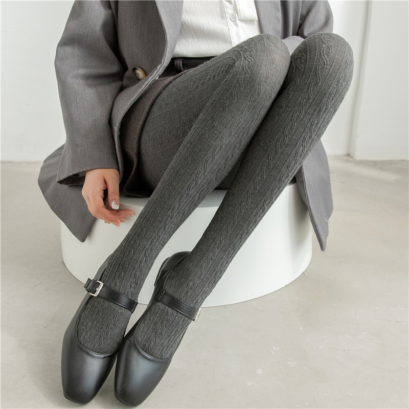 灰色连裤袜春秋复古麻花纹打底袜