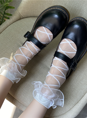 芭蕾风袜子少女lolita交叉绑带短袜JK日系薄款夏季蕾丝白色堆堆袜