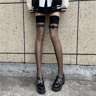 波点蝴蝶结黑丝袜夏季超薄过膝长筒袜子日系JK白丝性感黑色大腿袜