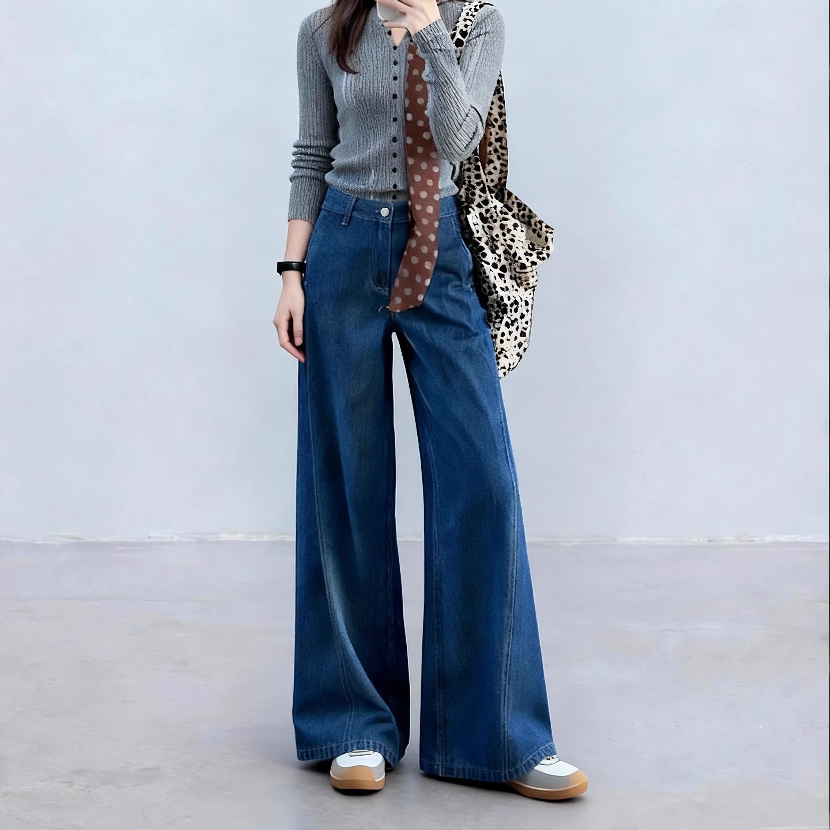 2025新款复古高腰韩国蓝色阔腿牛仔裤女显瘦百搭直筒长裤