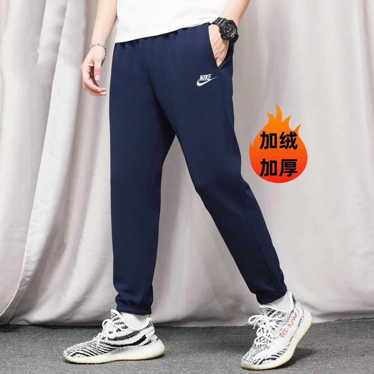Nike耐克正品加绒裤子冬季新款藏蓝色男裤厚款长裤运动裤小脚卫裤