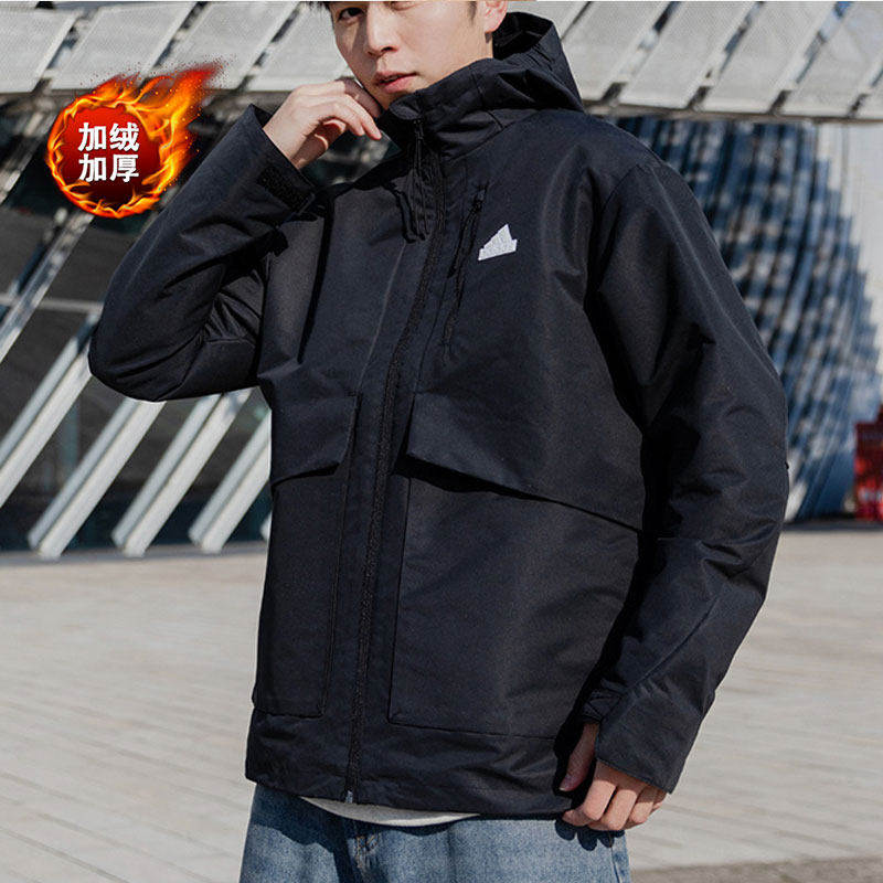 阿迪达斯梭织加绒夹克男装新款防风衣连帽宽松运动服休闲加厚外套