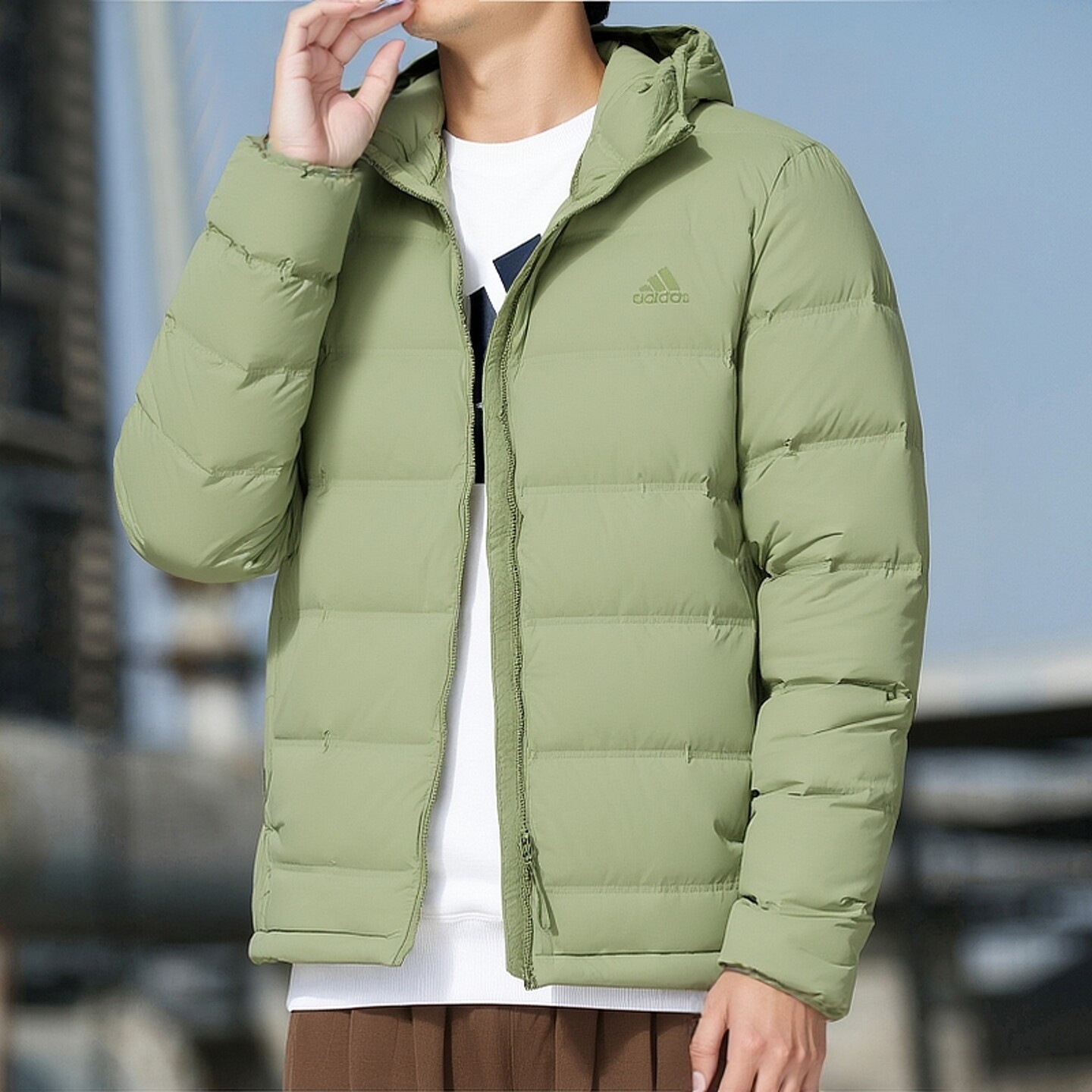 阿迪达斯羽绒服男冬季新款保暖加厚绿色美式宽松鸭绒防风连帽外套