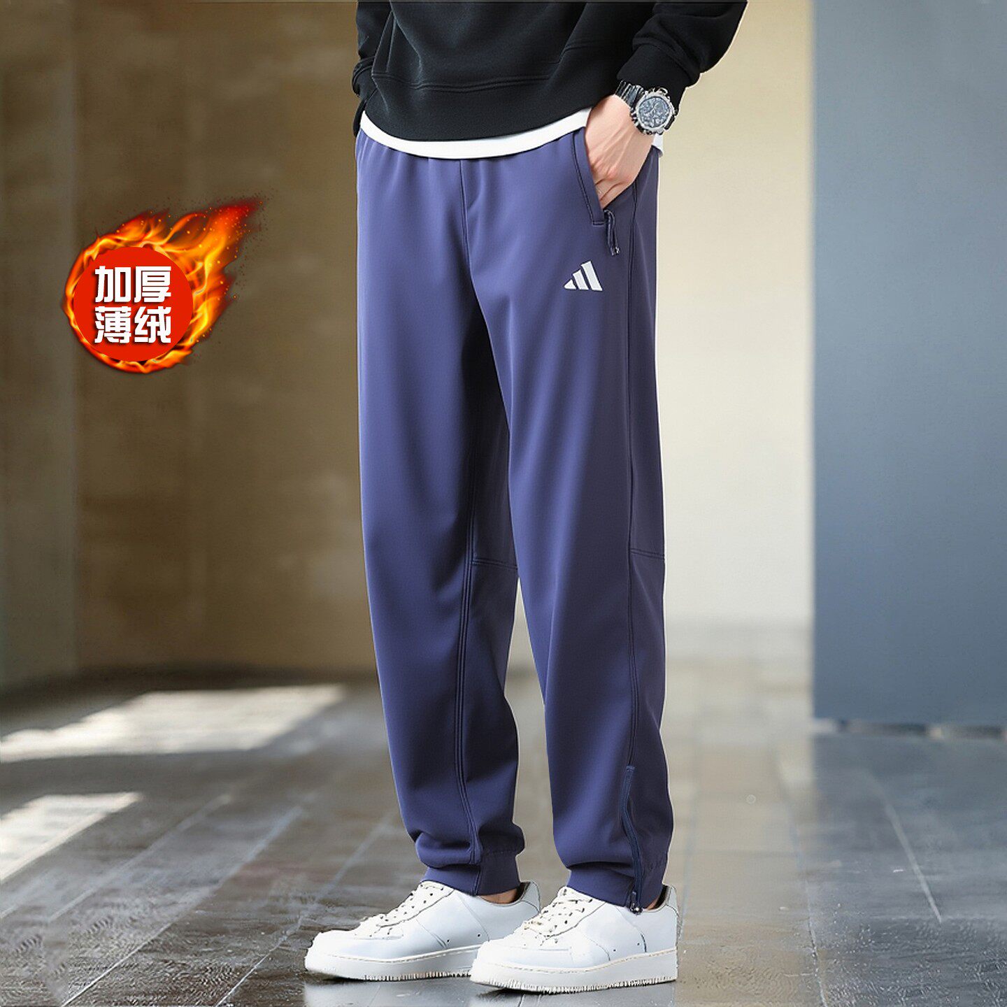 阿迪达斯加绒男裤冬季新款保暖收口束脚裤跑步运动裤篮球休闲长裤