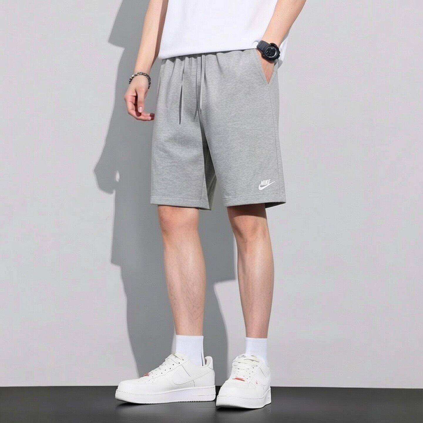 Nike耐克裤子灰色五分裤新款休闲男裤针织毛圈短裤拉链口袋运动裤