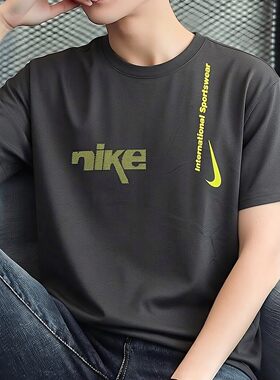 NIKE耐克灰色短袖男子纯棉运动T恤夏季新款上衣薄体恤宽松五分袖