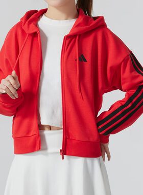阿迪达斯红色针织连帽运动外套女
