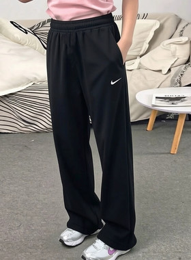 Nike耐克裤子女子宽松直筒裤新款刺绣小标运动裤针织棉质透气长裤
