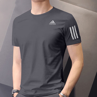 跑步训练运动服冰丝速干服透气灰色休闲T恤 夏季 阿迪达斯短袖 男装