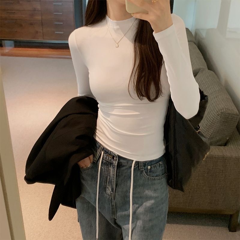 基础款修身显瘦长袖T恤女秋冬2025新款百搭白色打底半高领上衣女