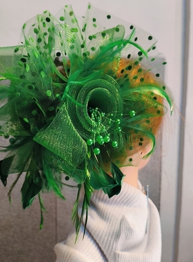 欧美网纱发饰绿色羽毛串珠花朵抓夹鲨鱼齿夹子盘发器仙美发抓复古