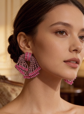 赫拉密羽粉红水晶蝴蝶结耳环女高级感925银耳钉镶钻气质长款耳饰