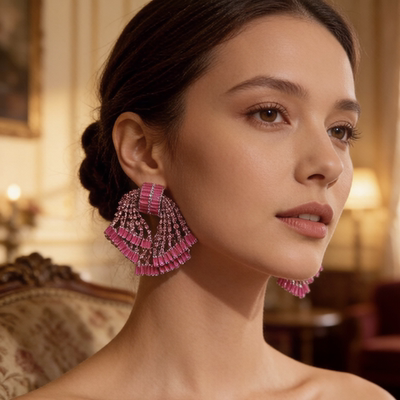 赫拉密羽粉红水晶蝴蝶结耳环女高级感925银耳钉镶钻气质长款耳饰