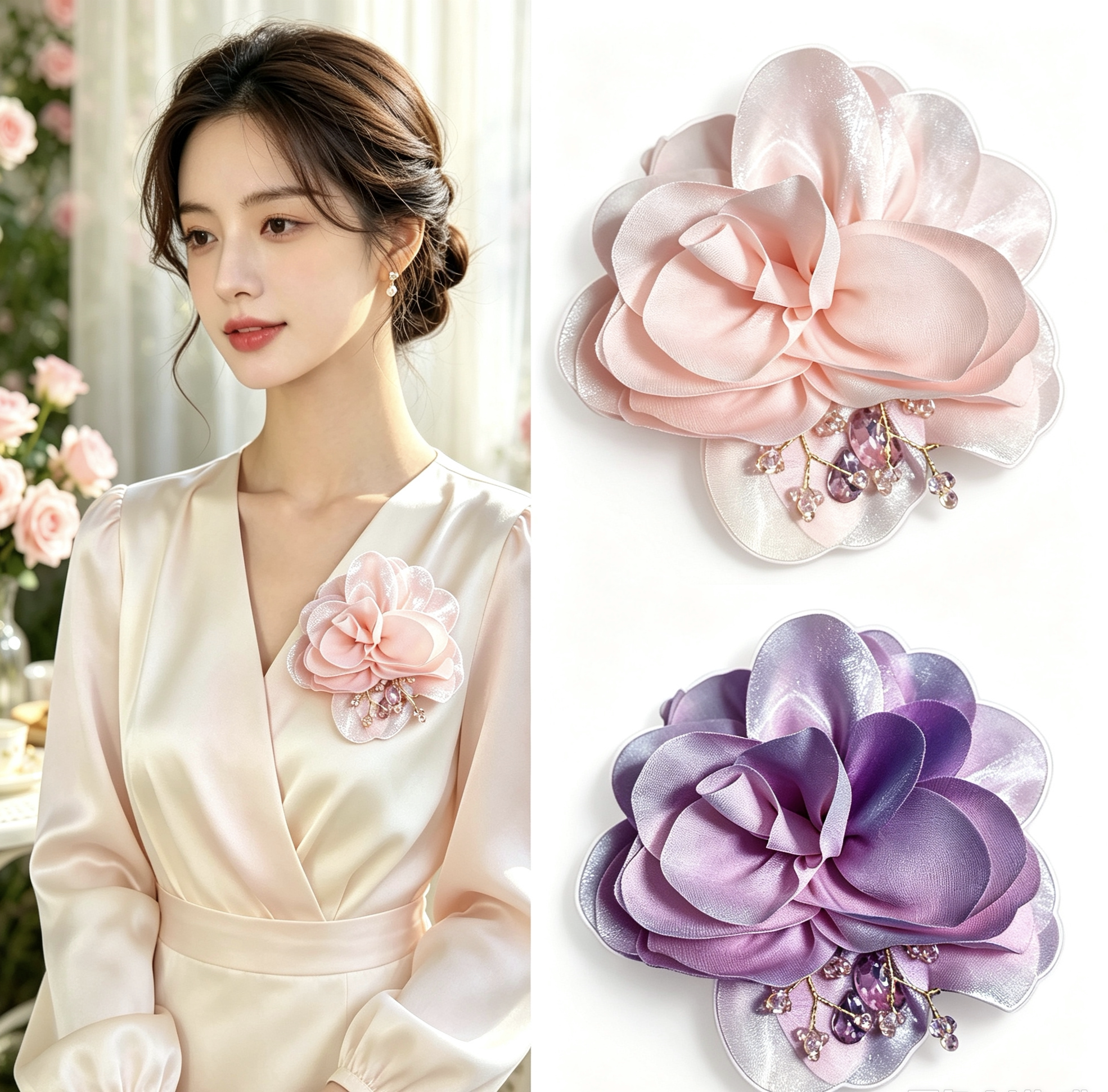 法式珠光纱粉花朵胸针女镶钻大花镶钻胸花礼服配饰旗袍走秀别针