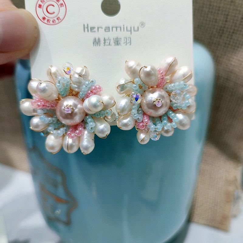 轻奢赫拉密羽珍珠花朵耳钉925银