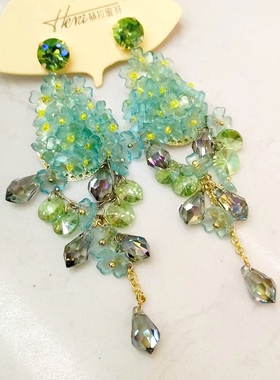 赫拉密羽紫色花朵流苏耳环女度假风气质925银针耳钉绿琉璃花耳饰