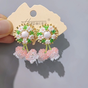 原创手工粉绿串珠花朵耳环925银针耳钉女高级感细珠编织耳坠耳夹