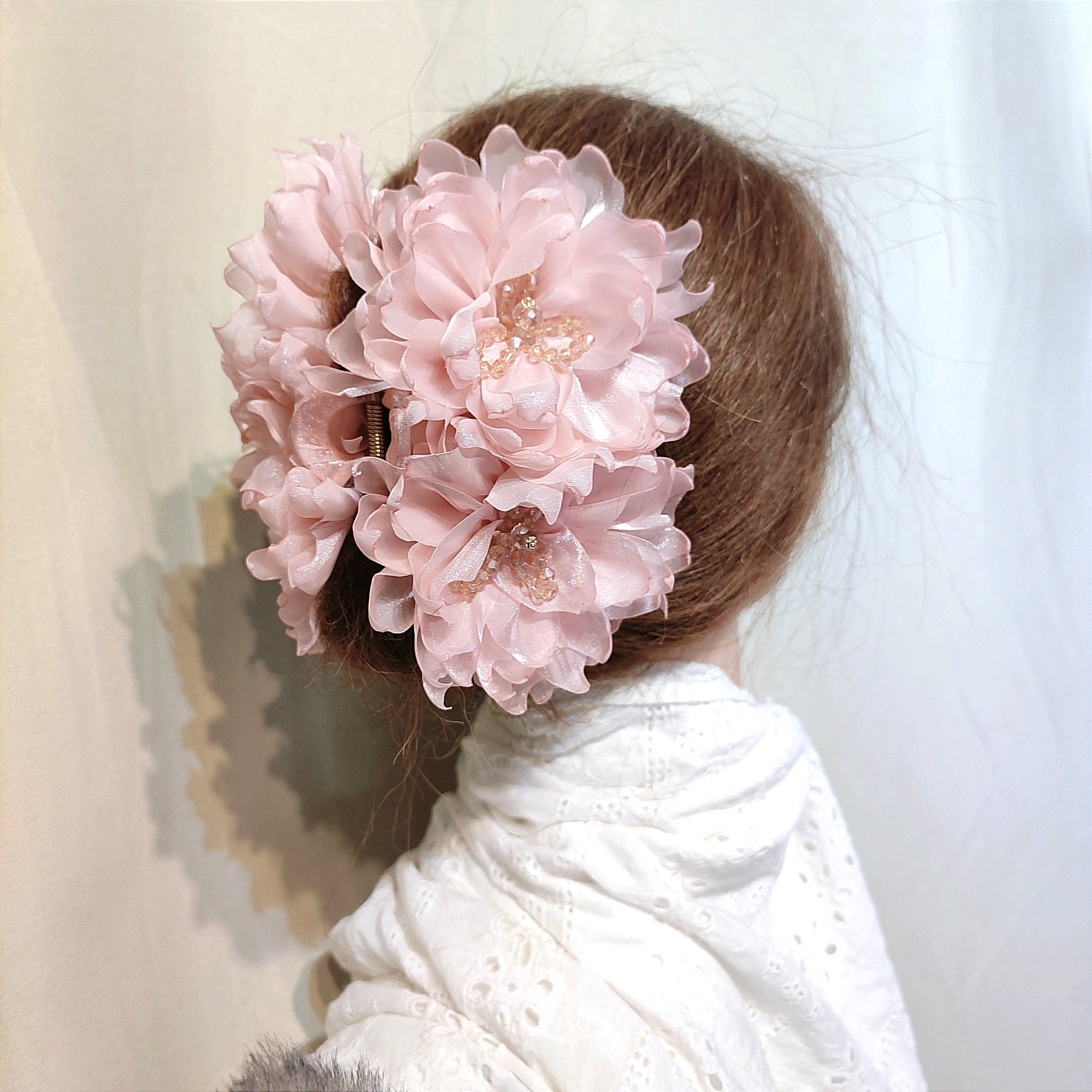 原创发抓绢纱布艺双花朵抓夹女大号鲨鱼齿花卉马尾夹后脑勺夹子