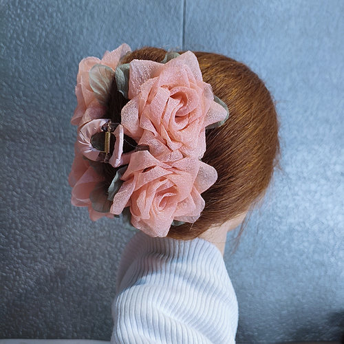 原创手作发抓粉色花朵抓夹女鲨鱼齿夹子花卉盘发器马尾夹甜美发夹