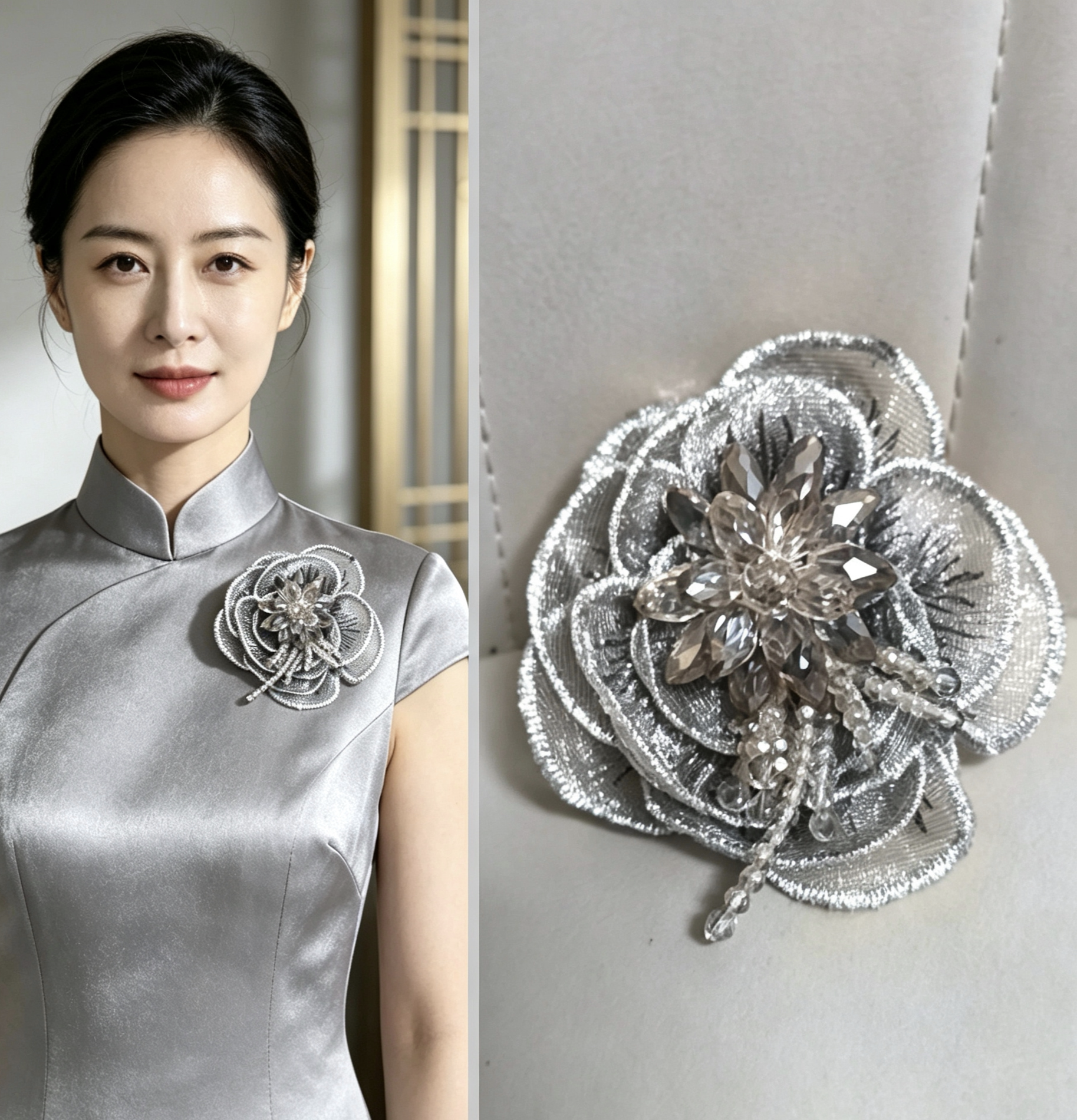 高级感银灰蕾丝花朵胸针女立体水晶胸花旗袍配饰年会礼服气质别针