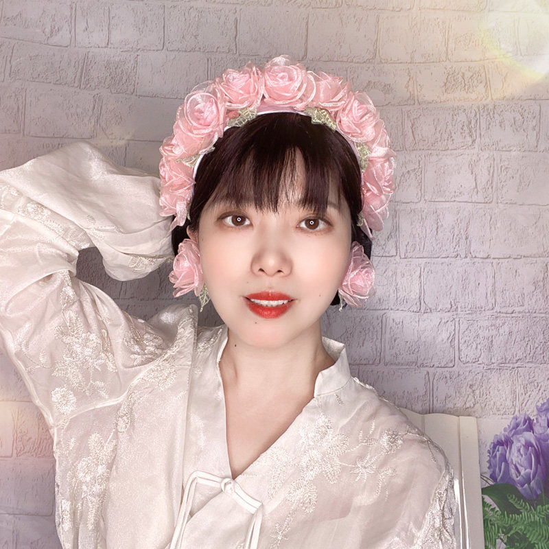 甜美桃粉色绢纱花朵发箍带齿新娘造型气质拍照头饰