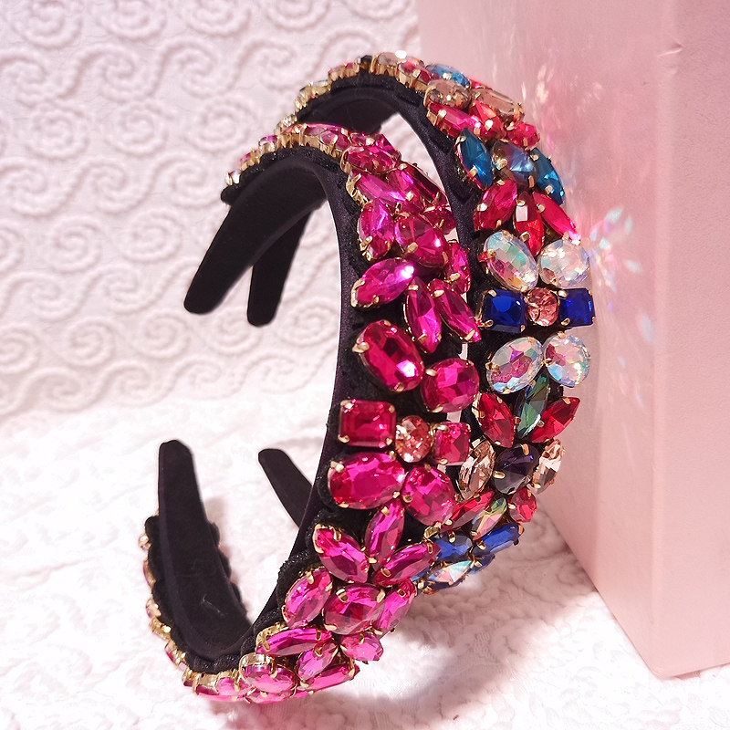 复古玫红水晶发箍女仙女水钻头箍女防滑外出发饰压发饰品发卡F38