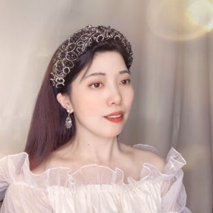 原创手工发饰高端黑色串珠镶钻发箍女高颅顶带齿发卡宽版外出头箍