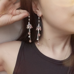 原创新中式粉色镶钻流苏耳环女925银针耳钉长款耳坠重工精致耳饰