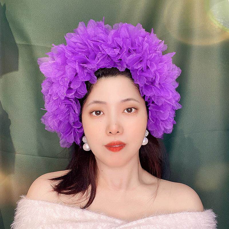 甜美紫色绢纱花朵发箍女网红百搭小众遮白发头箍