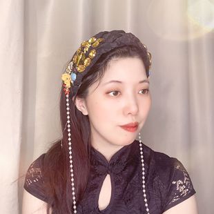 原创新中式黄水晶花朵发箍带齿编发国风串珠流苏发卡宽版发饰头箍