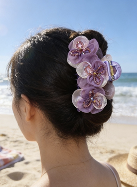 原创新品森系紫色水晶花朵抓夹鲨鱼夹绢纱3朵花盘发器马尾夹发抓