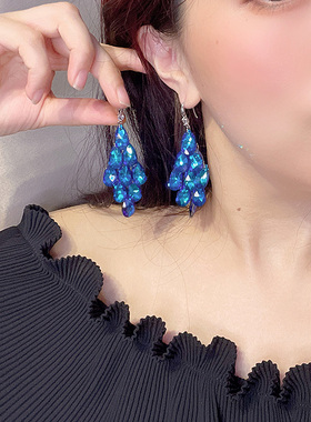 轻奢蓝色水滴耳环女小众设计925银针长款耳坠葡萄串耳勾防过敏